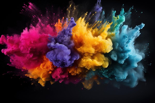 Holi background, vibrant and colorful powder smoke explosion on black background, AI generated