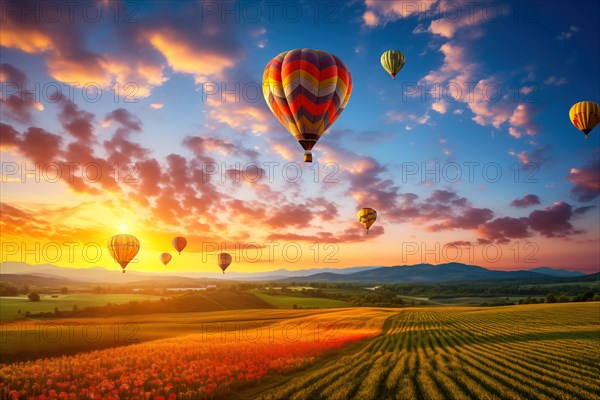 A colorful hot air balloons floats in sky over a blooming field meadow of flowers landscape at sunset with orange and blue skies in the background. Travel journey adventure beauty of nature concept, AI generated