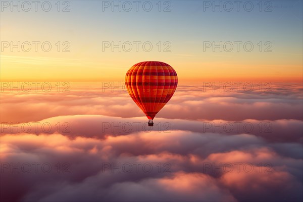 Colorful hot air balloon floats over a sea of clouds at sunset at sunset with orange and blue skies in the background. Travel journey adventure beauty of nature concept, AI generated