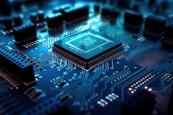 Close-up image of a blue circuit board with a central microchip processor CPU with various electronic components and connections. Technology, computer hardware, and manufacturing industries, AI generated