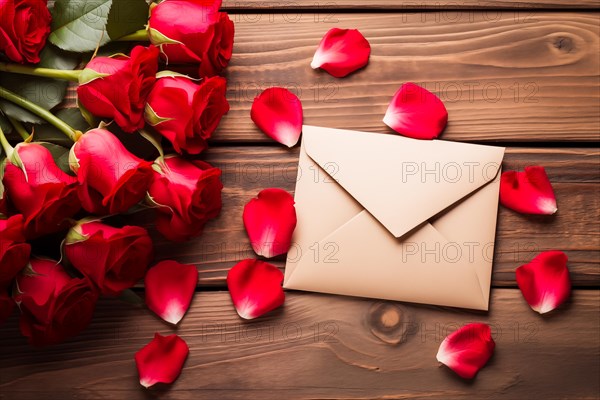 Vibrant red roses, a romantic valentine love letter in an elegant envelope, and scattered rose petals on a dark wooden table. Love and affection on Valentine's Day, AI generated