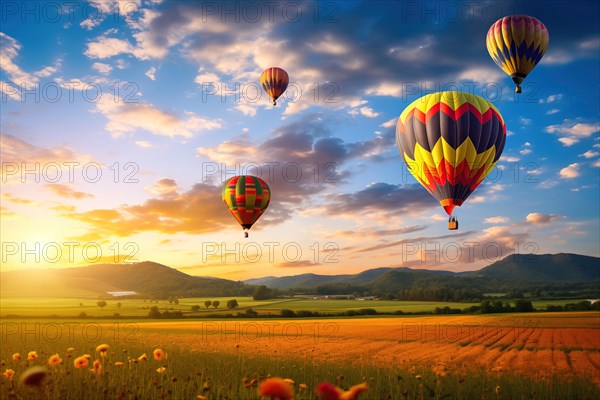 A colorful hot air balloons floats in sky over a blooming field meadow of flowers landscape at sunset with orange and blue skies in the background. Travel journey adventure beauty of nature concept, AI generated