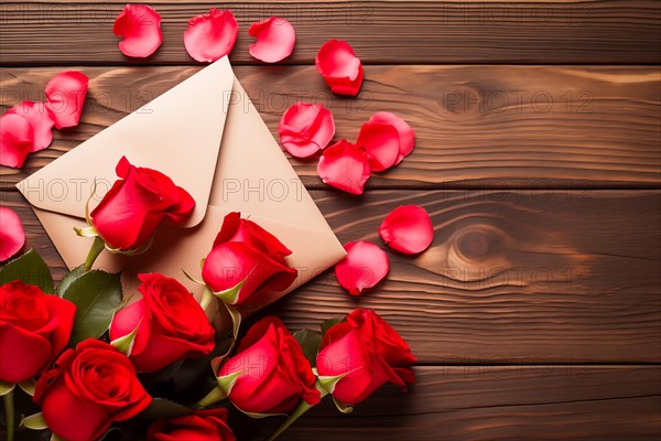 Vibrant red roses, a romantic valentine love letter in an elegant envelope, and scattered rose petals on a dark wooden table. Love and affection on Valentine's Day, AI generated