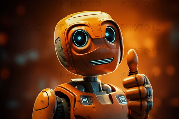 Orange robot showing a thumbs up gesture. The friendly robot has big round eyes and a friendly smile. Concept of artificial intelligence technology approval agreement, success, friendliness, AI generated