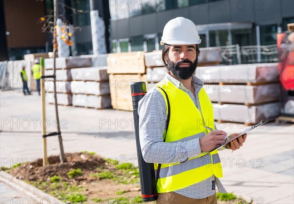Engineer with an amputee leg working on site in the street next to a building