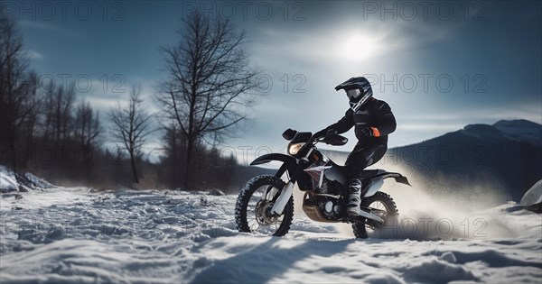 Motocross on an enduro motorcycle in the snow in winter, a motorcyclist in equipment and a helmet rides off-road, AI generated