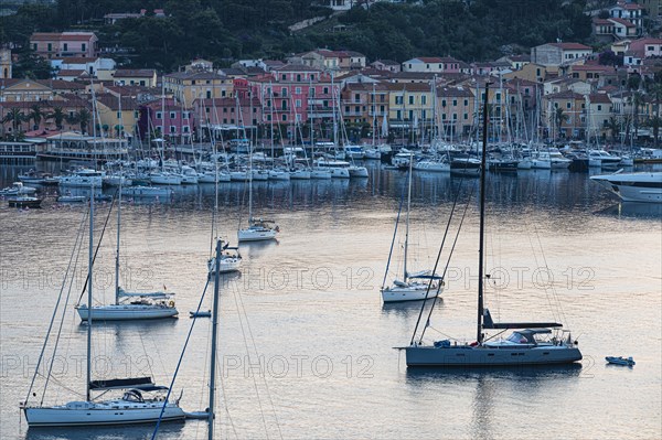 Sailing marina of Porto Azzurro at dawn, Elba, Tuscan Archipelago, Tuscany, Italy, Europe