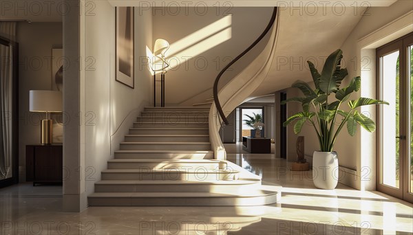 Modern interior with elegant staircase bathed in warm sunlight, creating a serene atmosphere, AI generated