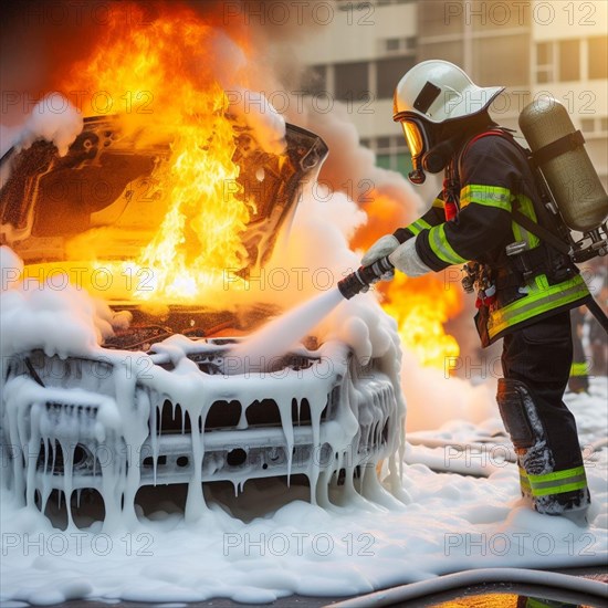 A firefighter in full gear uses a hose with chemical white foam to extinguish flames engulfing hybrid electric petrol vehicle car amidst a urban landscape, with emergency response evident, ai generated, AI generated