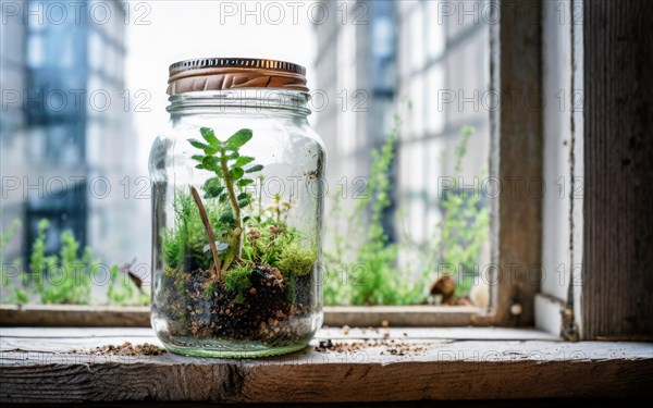 Bottle garden, mini biotope, eco system in a jar on a windowsill in a city flat, AI generated, room, windowsill, plants, screw-top jar, gardening, herbs, green, sunlight