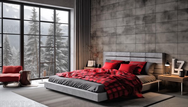 Cozy modern bedroom with large windows overlooking mountains and a striking red blanket on the bed, AI generated