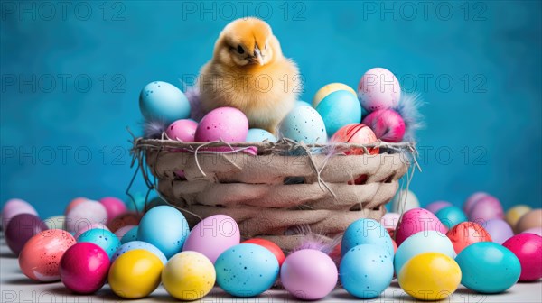 A fluffy chick sits atop a basket filled with pastel-colored Easter eggs against a vibrant blue backdrop, evoking the joy of spring celebrations AI generated