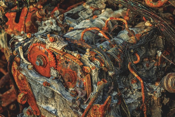 Close-up of a rusted and damaged engine with clearly visible metal parts, abandoned A4 motorway, Lost Place, Buir, Kerpen, North Rhine-Westphalia, Germany, Europe