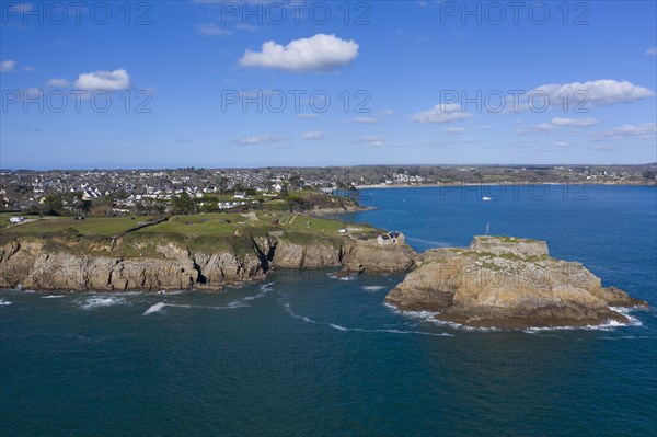 Aerial view of Fort de Bertheaume on a rock off the coast in Plougonvelin on the Atlantic coast at the mouth of the Bay of Brest, Finistere Penn ar Bed department, Brittany Breizh region, France, Europe