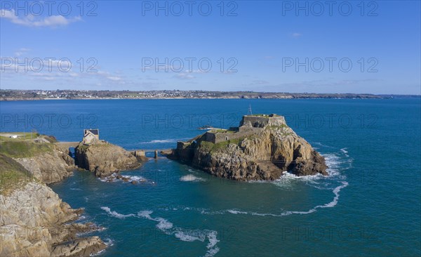 Aerial view of Fort de Bertheaume on a rock off the coast in Plougonvelin on the Atlantic coast at the mouth of the Bay of Brest, Finistere Penn ar Bed department, Brittany Breizh region, France, Europe