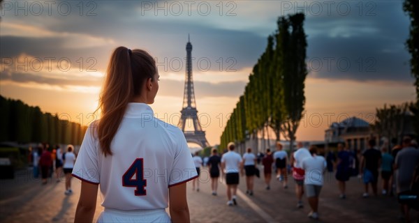 Woman athlete in Paris in sportswear against the background of the Eiffel Tower. Concept of the Olympic Games in France, AI generated