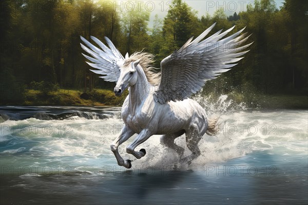 Legendary Pegasus winged horse of the Greek Mythology running through water with open wings, AI Generated, AI generated