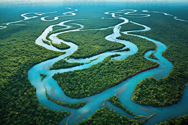 Aerial view of a meandering river in a tropical rainforest, Brazil, AI Generated, AI generated, South America