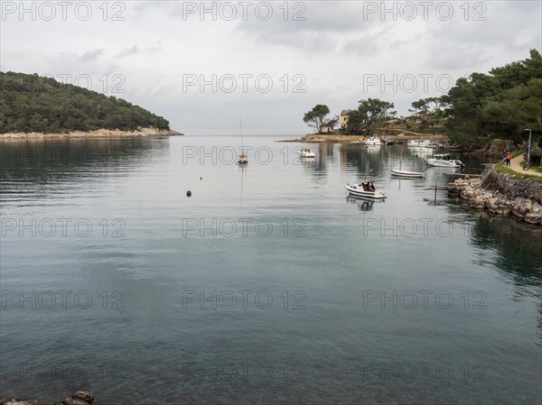 View from the promenade path to a bay, small harbour, near Veli Losinj, Kvarner Bay, Croatia, Europe