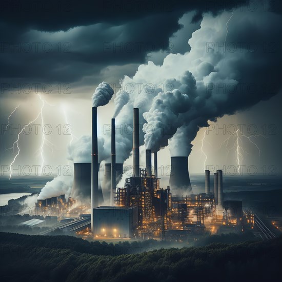 Climate change, climate crisis, global warming, symbolic image, a power plant with lots of smoke and fumes during a thunderstorm, AI generated, AI generated