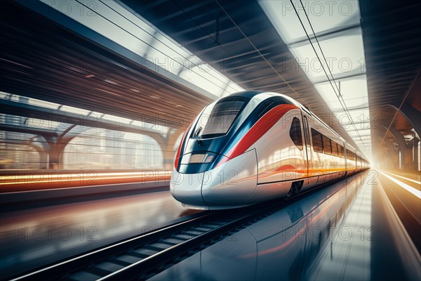 Modern high speed train in a futuristic train station. Modern transportation technology, speed, travel concepts. Railroad with motion blur effect, AI generated