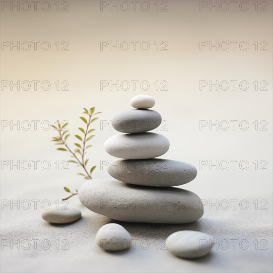 Zen stones stack on sand waves in a minimalist setting for balance and harmony. Balance, harmony, and peace of mind, wellness, meditation, and spirituality concept, AI generated