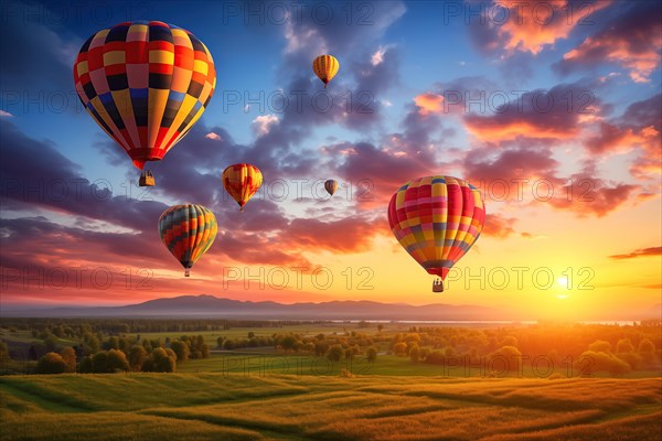 A colorful hot air balloons floats in sky over a blooming field meadow of flowers landscape at sunset with orange and blue skies in the background. Travel journey adventure beauty of nature concept, AI generated