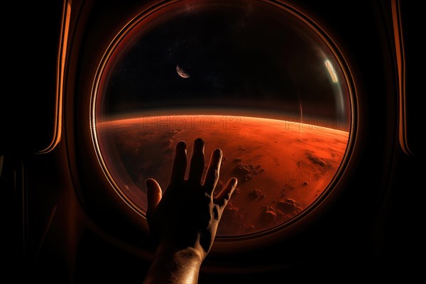 Mars landscape seen through spaceship window illuminator with astronaut hand touching the glass. Concept of extraterrestrial journey space exploration, conveys sense of otherworldly beauty and wonder, AI generated