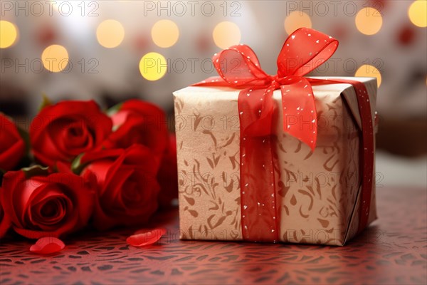 Gift adorned with a red ribbon, accompanied by bouquet of vibrant red roses, set against a backdrop of soft lights on table creating a romantic ambiance. Love expression on Valentine's Day, AI generated