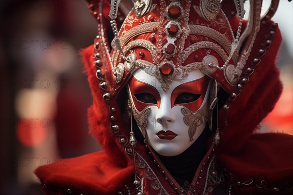 A person adorned in a richly detailed and colorful carnival costume, complete with an elaborate mask, participates in the iconic Venice Carnival, AI generated