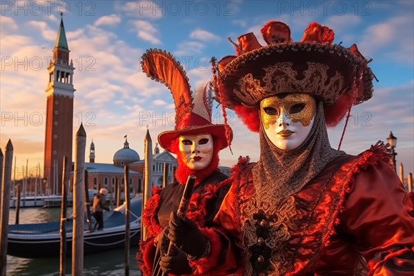 Persons adorned in a richly detailed and colorful carnival costume, complete with an elaborate mask, participates in the iconic Venice Carnival, AI generated