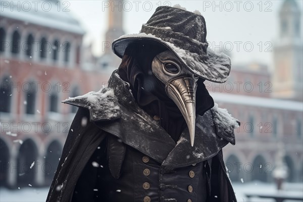 Person dressed as a plague doctor, adorned with the iconic crow mask, amidst the snowfall at the Venice Carnival, AI generated