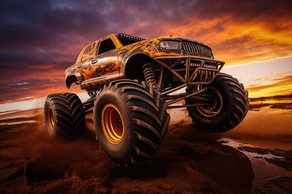 Monster truck driving outdoors amidst a cloud of dust. Thrill and adrenaline of an outdoor racing event on off-road terrain at dramatic sunset, AI generated