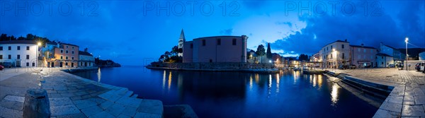 St. Anthony's Church and harbour, blue hour at dawn, panoramic view, Veli Losinj, Kvarner Bay, Croatia, Europe