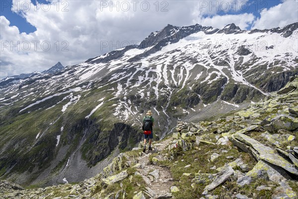 Mountaineer on rocky hiking trail, Berliner Hoehenweg, mountain landscape with snow-covered peak Gefrorene-Wand-Spitze, Zillertal Alps, Tyrol, Austria, Europe