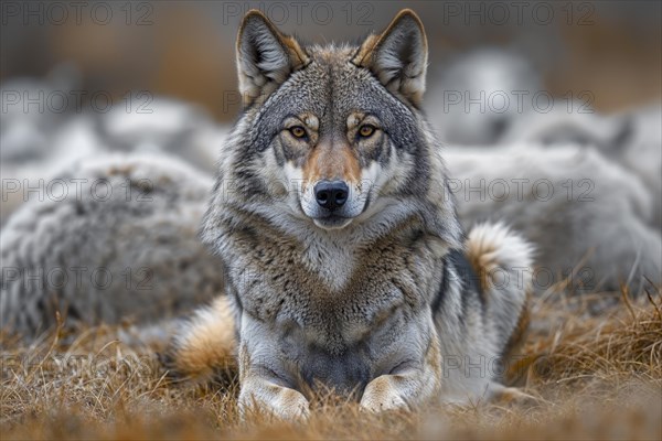 A gray wolf (Canis lupus) lies on the ground and looks directly into the camera, freshly killed sheep lie in the blurred background, AI generated, AI generated