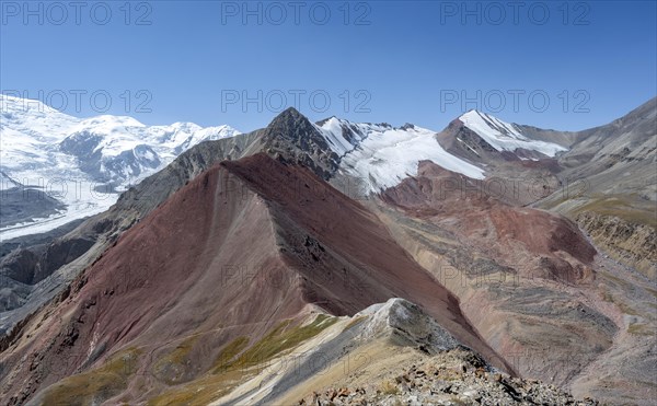 Mountain landscape of glacial moraines, mountains with red and yellow rocks, glaciated mountains in the background, Traveller's Pass below Pik Lenin, Trans Alay Mountains, Pamir Mountains, Osh Province, Kyrgyzstan, Asia
