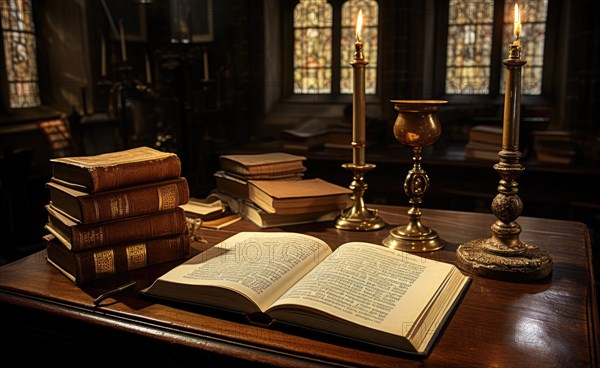 Antique books lit by candlelight, creating a reflective ambiance AI generated