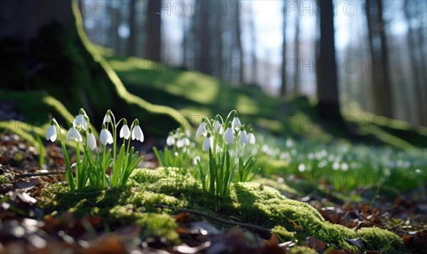 Snowdrops on mossy forest ground in the gentle sunlight AI generated