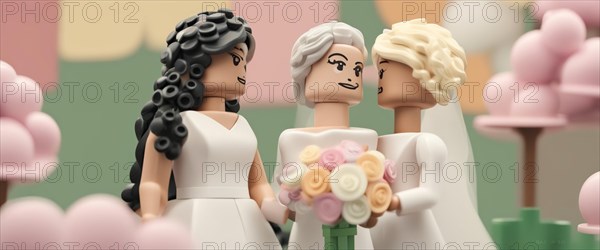 A decorative cake topper featuring a miniature lesbian wedding celebration, ai generated, AI generated