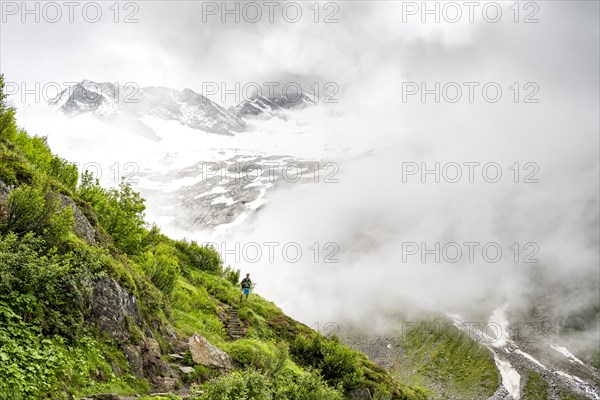 Mountaineers on a hiking trail, in the background glaciated peak Dosso Largo and glacier Schlegeiskees, cloudy atmospheric mountain landscape, ascent to Furtschaglhaus, Berliner Hoehenweg, Zillertal, Tyrol, Austria, Europe