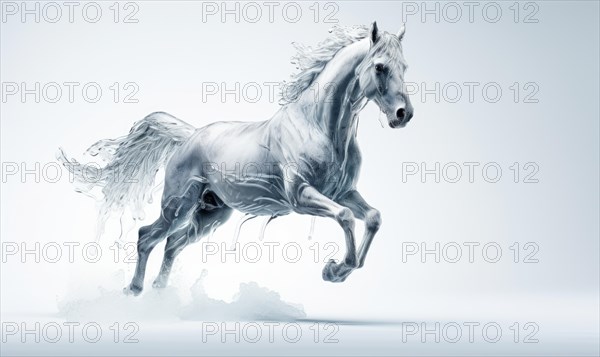 White horse with flying hair and splashes of water on white background. Frozen water splashes on background. Horse in dynamic pose AI generated