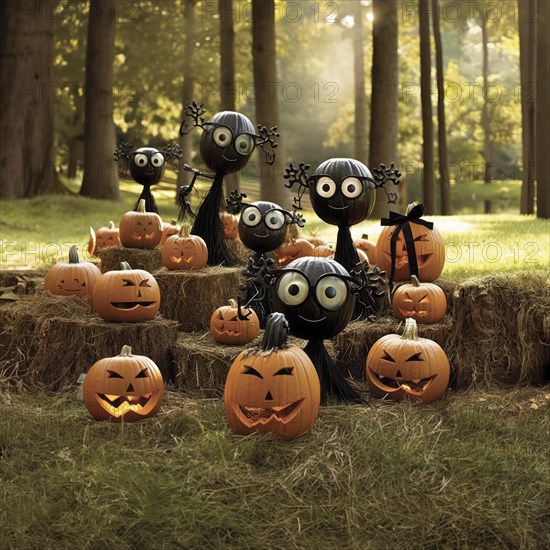 Halloween scene with pumpkins and figures in Tim Burton style, pumpkins with personality, AI-Generated & Photoshop, HobbyZone-Alpha, Haan, North Rhine-Westphalia, Germany, AI generated, Europe
