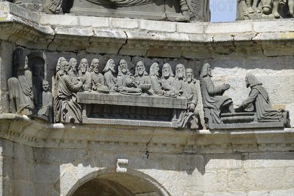 Stone reliefs Entrance into Jerusalem, Last Supper and Washing of the Feet, Calvary Calvaire, Enclos Paroissial de Pleyben enclosed parish from the 15th to 17th century, Finistere department, Brittany region, France, Europe