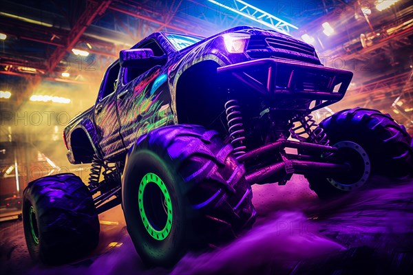 Monster truck illuminated by neon lights amidst a cloud of dust at an indoor arena. Excitement and thrill of an extreme sport and entertainment monster truck stunts racing show, AI generated
