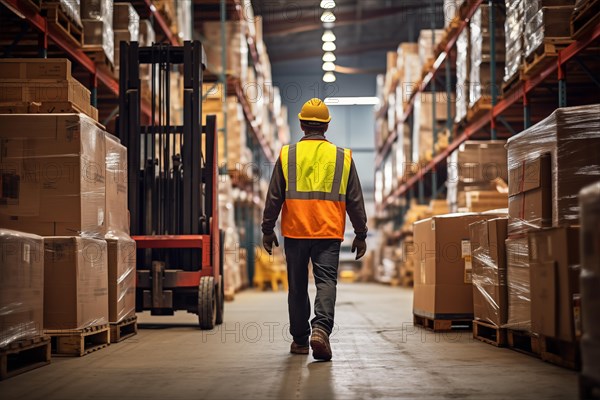 A worker in a reflective vest operates a forklift in a well-lit warehouse, navigating through aisles stacked with packaged goods. Efficiency and organization of a modern distribution center, AI generated