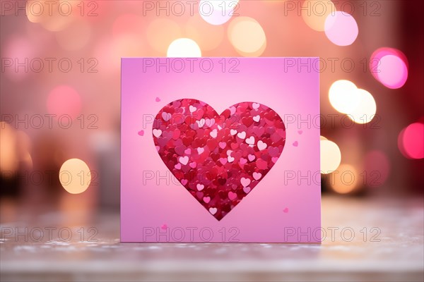 A beautiful postcard featuring a sparkling heart, perfect for sending a romantic message on Valentine Day on table with bokeh background, AI generated