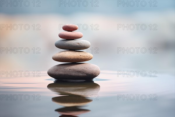 Stack of zen stones on water with a nature background. The image conveys a sense of balance, harmony, and peace. Suitable for use in wellness, therapy, and relaxation concepts, AI generated