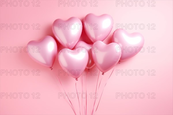 Bunch of glossy pink heart-shaped balloons against a soft pink background, perfect for Valentine's Day, anniversaries, or any romantic occasion, AI generated