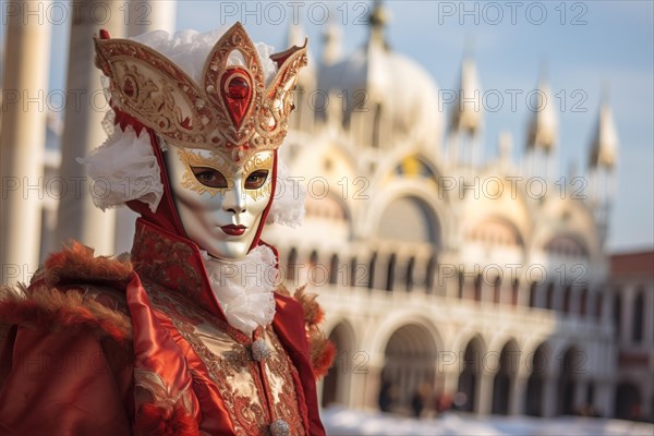 A person adorned in a richly detailed and colorful carnival costume, complete with an elaborate mask, participates in the iconic Venice Carnival, AI generated